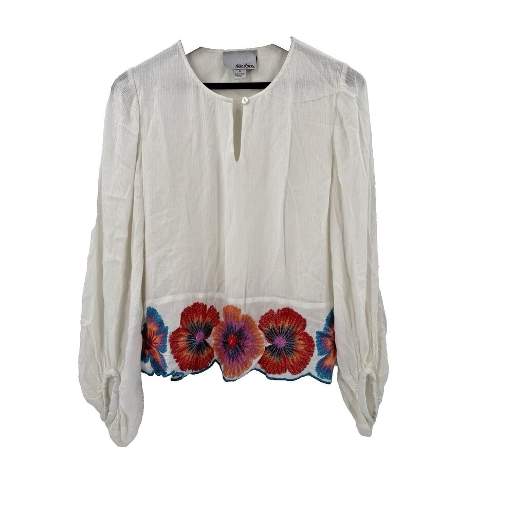 Anthropologie Chloe Oliver Floral Embroidered White Key-Hole Top Women’s SMALL